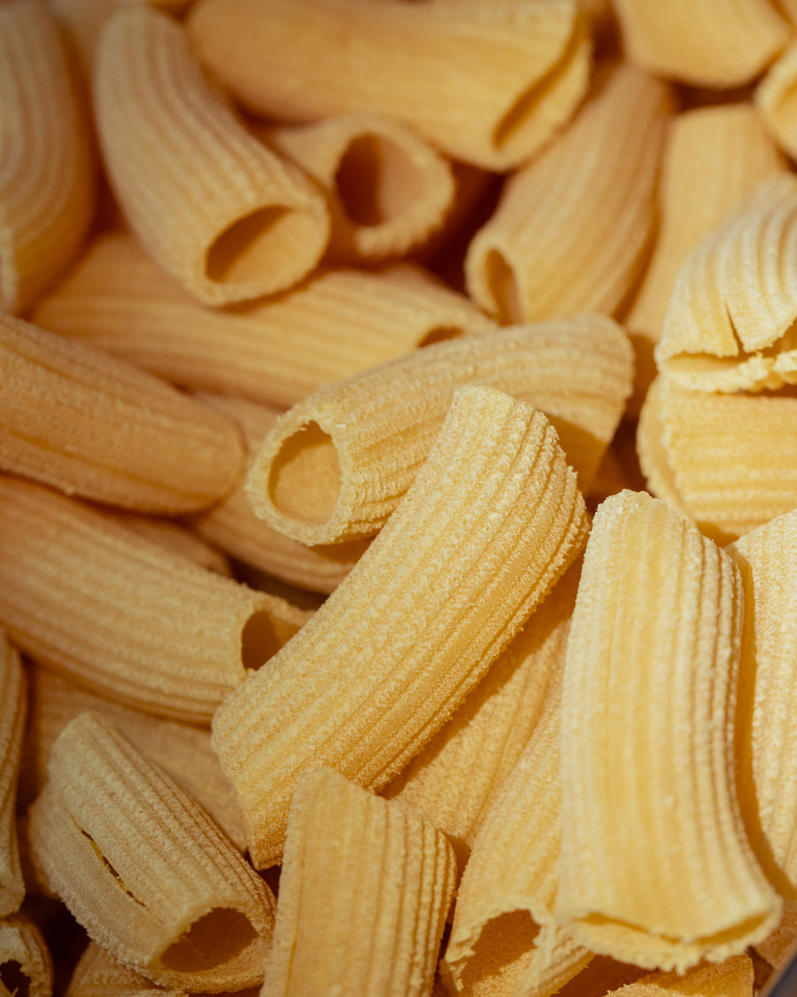 Freshly made rigatoni, close up, still dusted with semolina