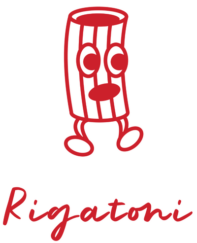 The Rigatoni character: a ridged rigatoni tube drawn as a red outline with eyes, arms and legs, and the name Rigatoni in brush script beneath.