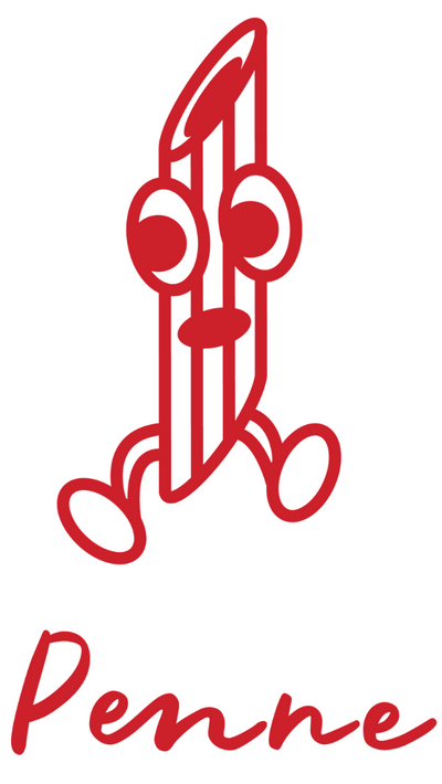 The Penne character: an angle-cut penne tube drawn as a red outline with eyes, arms and legs, and the name Penne in brush script beneath.
