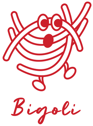 The Bigoli character, a red line drawing of thick bigoli with eyes, arms and legs.