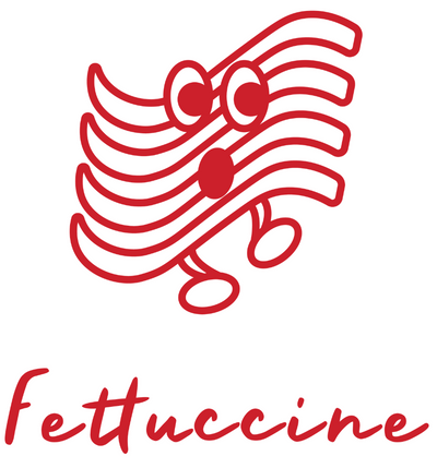 The Fettuccine character: a folded ribbon of fettuccine drawn as a red outline with eyes, arms and legs, and the name Fettuccine in brush script beneath.