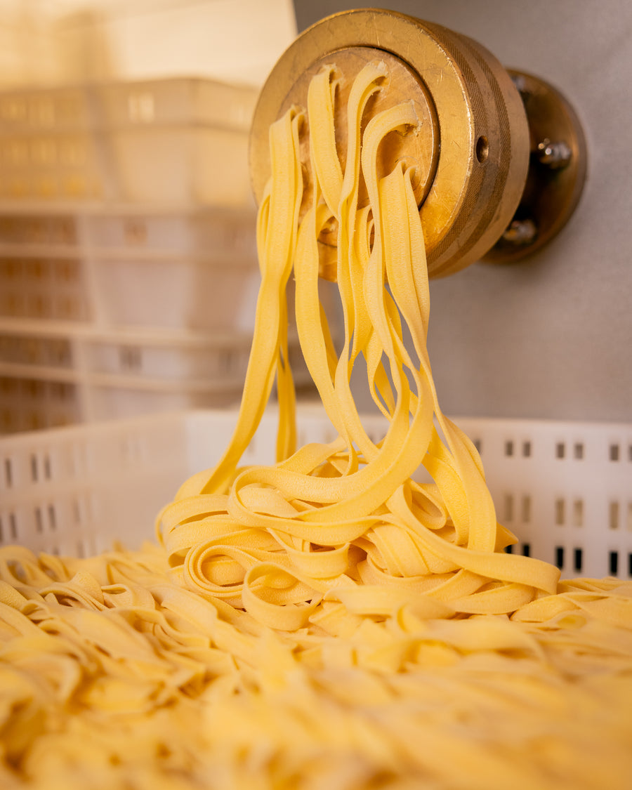 Fresh fettuccine ribbons coming out of the brass extruder die in the Bigoli kitchen