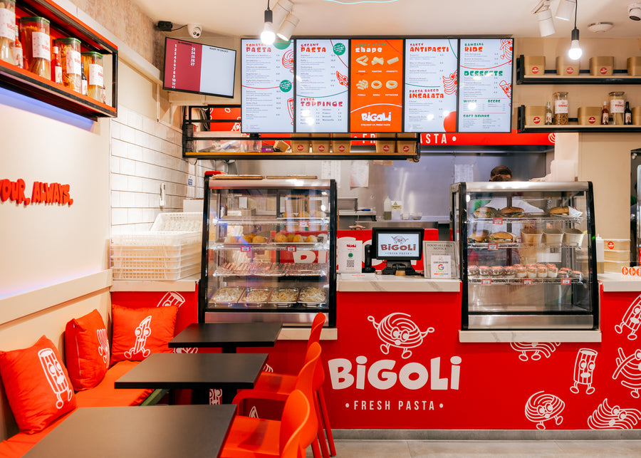 The Bigoli counter on City Road with the menu screens above it