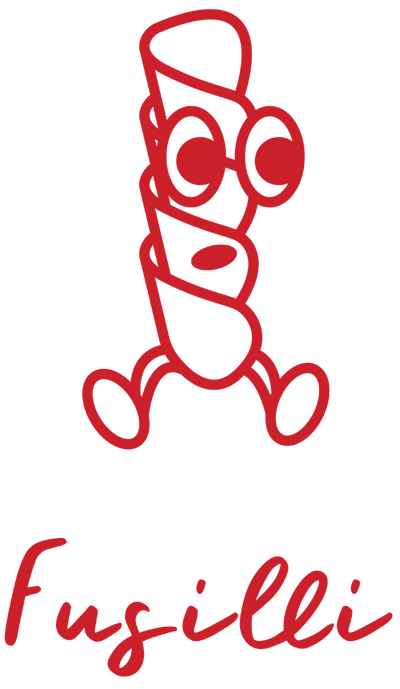 The Fusilli character: a corkscrew fusilli drawn as a red outline with eyes, arms and legs, and the name Fusilli in brush script beneath.