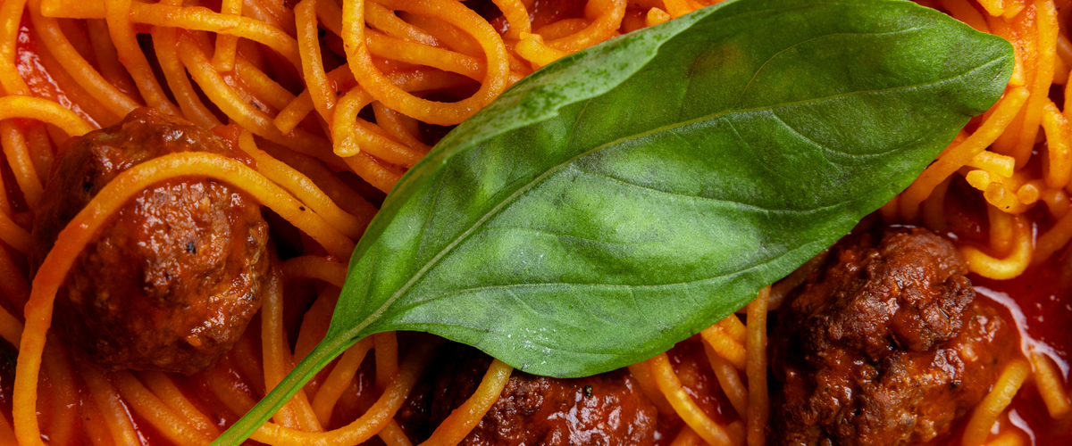 Fresh spaghetti and meatballs in tomato sauce with basil, made on site at the Bigoli Italian restaurant in Old Street