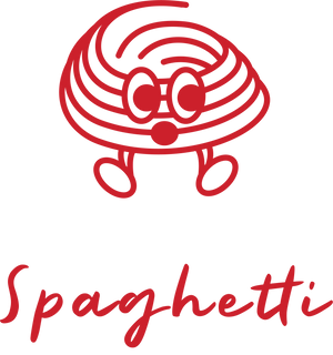 The Spaghetti character, a red line drawing of a nest of spaghetti with eyes, arms and legs.