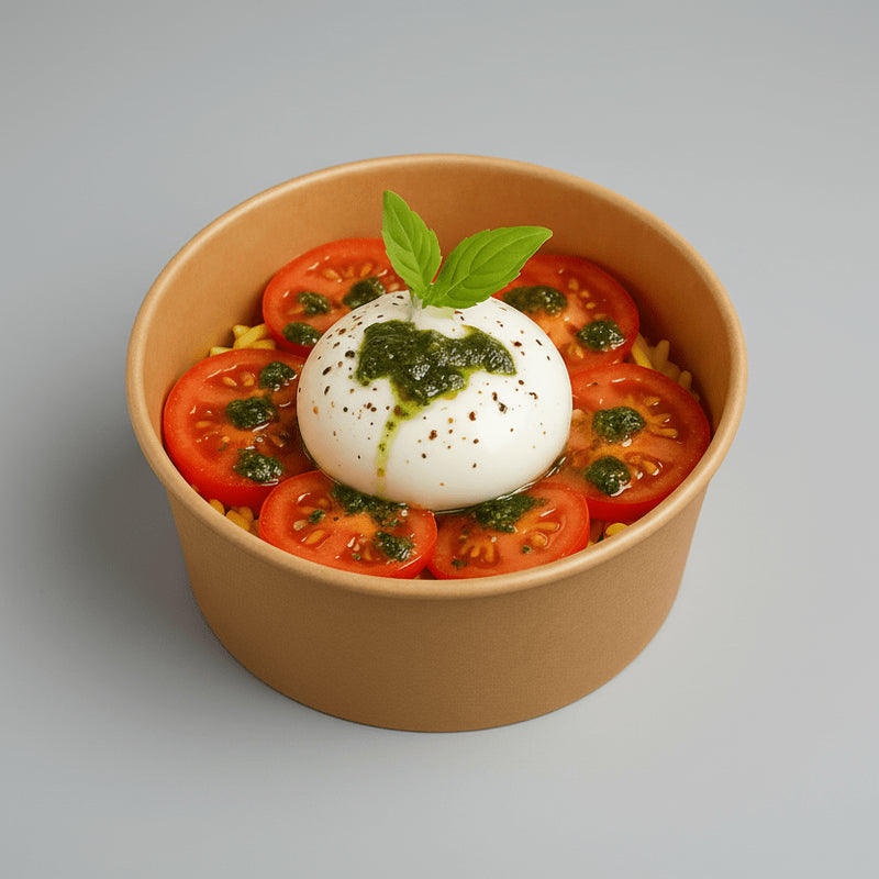 Whole burrata with fresh tomato, basil pesto and olive oil at Bigoli, Old Street