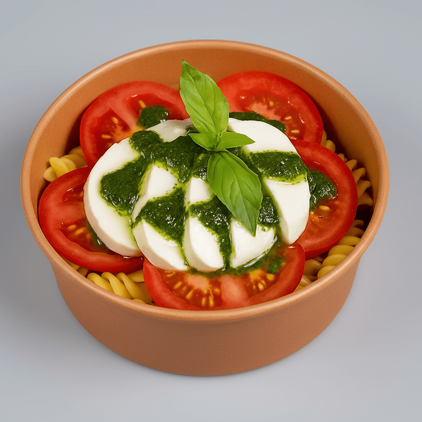 Mozzarella pesto salad with seasonal greens, basil pesto and olive oil at Bigoli, Old Street