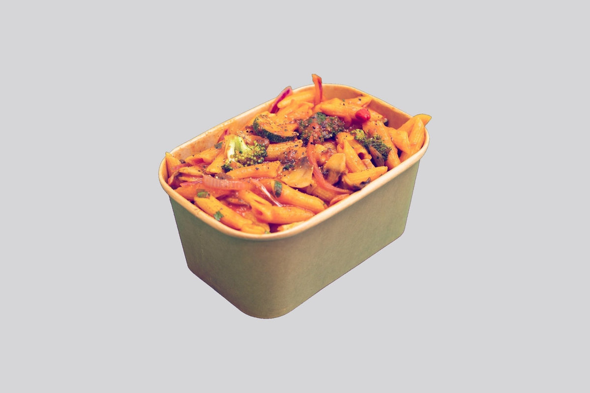 Vegetarian Pasta with seasonal vegetables in tomato sauce on fresh penne, boxed at Bigoli, Old Street