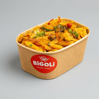 Vegetarian pasta with seasonal vegetables in tomato sauce with garlic and basil, made at Bigoli, Old Street